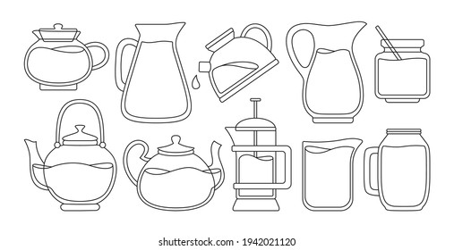 Teapot and kettles with tea, black line set. Tea time teapot dishes jar for drinks. Sketch hand drawn glassware jar for menu kitchen tools. Flat outline kitchenware, design trendy vector illustration
