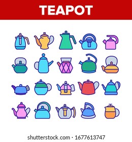 Teapot Kitchen Utensil Collection Icons Set Vector. Teapot Tool For Boiling Tool, Tea And Coffee Maker Household Device In Different Form Concept Linear Pictograms. Color Contour Illustrations