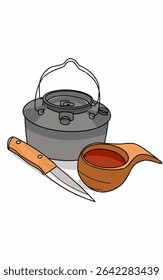 Teapot knife and wooden cup outdoor kitchen equipment
