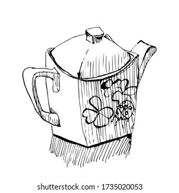 teapot with ladybug and shamrock linear black and white
