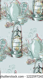 teapot lamp christmas new year blue pink seamless pattern paint textured vector