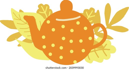 teapot and leaves hand drawn in trending color 2021. scandinavian hygge. cozy home. card template