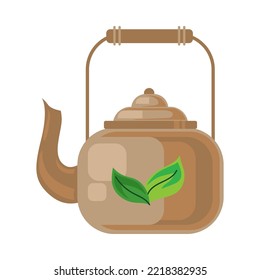 Teapot with leaves icon on it. Matcha tea in teapot. Vector illustration isolated on white background. Drink, culture concept.