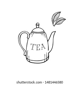 Teapot and leaves of tea. Vector illustration in free hand drawn style.