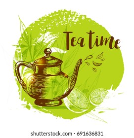 Teapot, lemon and bamboo branch on a green background in vintage style. Lettering "Tea time"