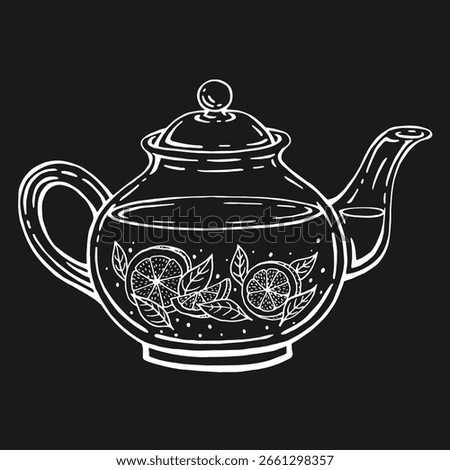 Teapot, lemon slices, leaves tea. Hand drawn vector illustration in outline style.