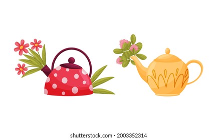 Teapot with Lid and Spout with Blooming Flowers Peeped Out Vector Set