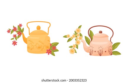 Teapot with Lid and Spout with Blooming Flowers Peeped Out Vector Set