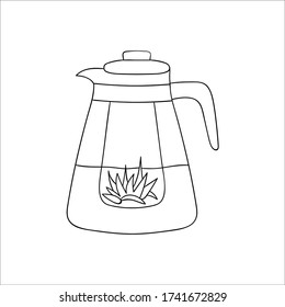 Teapot line icon. Black and white tea pot vector illustration. Linear art kettle isolated on white background. Doodle style kitchen equipment