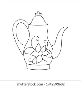 Teapot line icon. Black and white tea pot vector illustration. Linear art kettle isolated on white background. Doodle style kitchen equipment