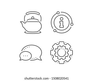 Teapot line icon. Chat bubble, info sign elements. Hot drink sign. Fresh beverage in kettle symbol. Linear teapot outline icon. Information bubble. Vector