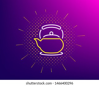 Teapot line icon. Halftone pattern. Hot drink sign. Fresh beverage in kettle symbol. Gradient background. Teapot line icon. Yellow halftone pattern. Vector