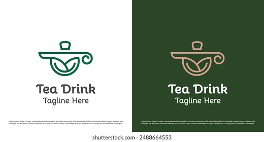 Ilustración de diseño de logotipo de tetera. Silueta de línea lineal de bebida herbal orgánica tradicional naturaleza café de hojas verde bebida fresca. Símbolo de icono plano simple geométrico minimalista.