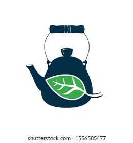 Teapot logo design with leaf combination. Green energetic tea product logo concept.