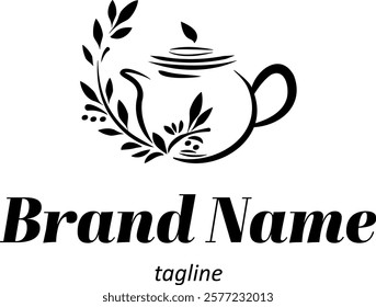 Teapot Logo Design Template with Floral Elements - Vintage Style