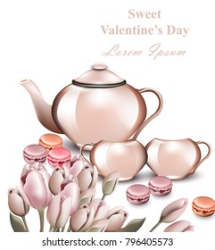 Teapot and macaroons Vector card. Romantic Breakfast concept Valentine days