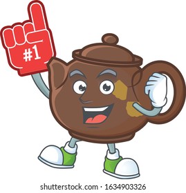 Teapot mascot cartoon style holding a Foam finger