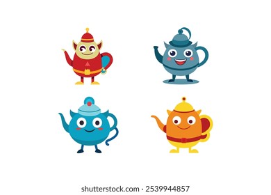 Conjunto de Personagens de Mascote de Bule - Ilustrações divertidas e brincalhonas de Bule