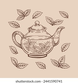 Tetera, hojas de menta, té. Dibujado a mano ilustración vectorial en estilo de contorno.