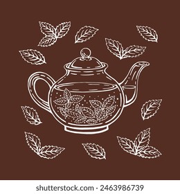 Tetera, hojas de menta, té. Ilustración vectorial dibujada a mano en estilo de contorno.