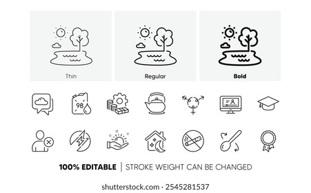 Iconos de línea de usuario de tetera, dinero y Borrar. Paquete de Clima soleado, bote de gasolina, icono de tapa de graduación. Pronóstico de Clima, Cuchara de cocina, Pictograma de sueño. No fumar, Lago, Energía eléctrica. Vector