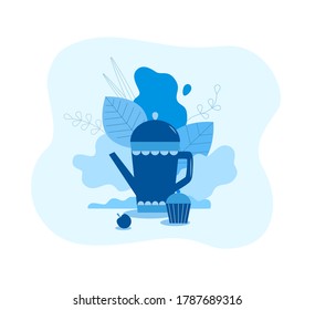 Teapot in monochrome blue style. Vector graphics.