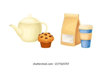 Teapot with Muffin and Coffee Cup with Craft Bag as Good Morning Symbol Vector Set