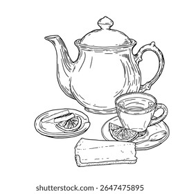 Uma chaleira e caneca no pires, pedaço de bolo e fatia de limão, esboço preto e branco. Ilustração vetorial. Deliciosos doces de pastelaria para o café da manhã, cheesecake, isolado no fundo branco.