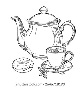 Teapot and mug on saucer with spoon, donut with icing and tea leaves, black and white ink sketch. Vector illustration. Delicious pastries from pastry shop for breakfast, isolated on white background.