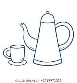 a teapot and a mug with a saucer. Hand drawn vector illustration