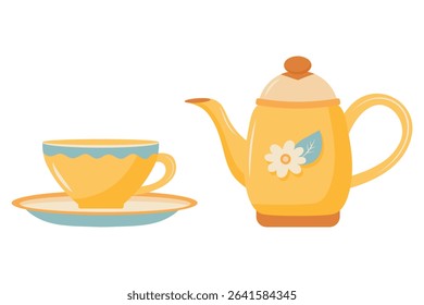 Teapot with mug. Tea drinking symbol. Vector illustration isolated on white background.