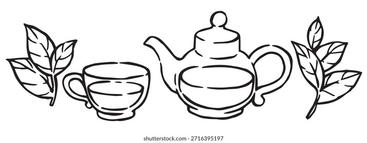 Bule de chá e caneca com chá. Ilustração vetorial em estilo de rabiscar. Chá verde.