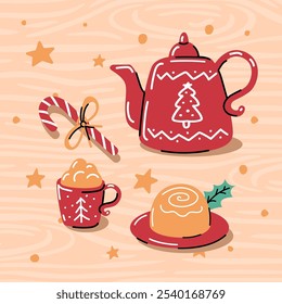 Teapot and mug with a warm drink. Tasty pastry and candy cane. Winter still life.