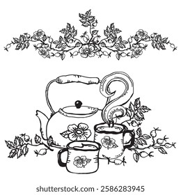 Teapot and mugs with brewed rose hips