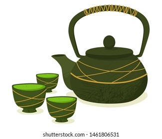 Teapot with mugs and matcha tea. Traditional ceremony. Vector isolated on a white background.