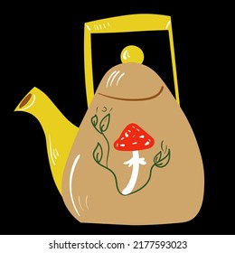 Tetera con champiñón. Icono vectorial de utensilios de cocina sobre fondo negro.