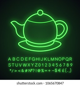 Teapot neon light icon. Tea pot. Glowing sign with alphabet, numbers and symbols. Vector isolated illustration