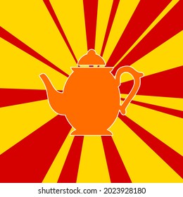 Teapot on a background of red flash explosion radial lines. The large orange symbol is located in the center of the sun, symbolizing the sunrise. Vector illustration on yellow background