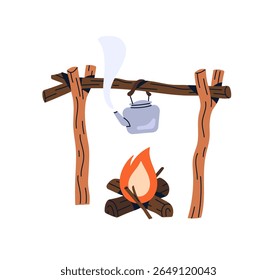 Bule na fogueira para cozinhar bebidas na natureza. Cafeteira de chá em fogueira de acampamento para bebidas. A chaleira está pendurada acima do fogo e da água fervente. Ilustração de vetor isolado plano sobre fundo branco