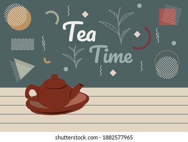 tetera sobre mesa con vector de fondo memphis
