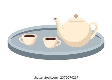 Teapot on a tray with cups vector cartoon illustration. Tea party concept.