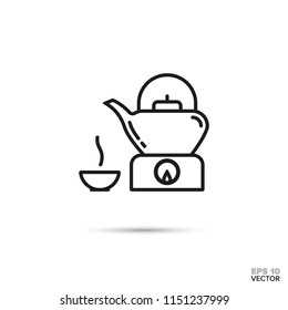 Bule no ícone de linha de vetor mais quente e xícara de chá. Símbolo de relaxamento.