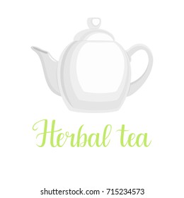Teapot on white background, handwritten title "Herbal tea", vector illustration