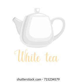 Teapot on white background, handwritten title "White tea", vector illustration