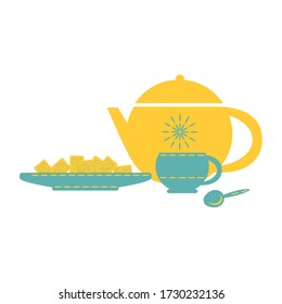 A teapot with an ornament, a Cup with a spoon and a saucer with cookies. Vector composition template for design. Flat style, two colors