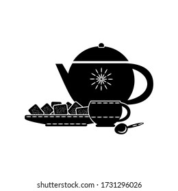 A teapot with an ornament, a Cup with a spoon and a saucer with cookies. Vector composition template for design. Flat style