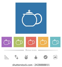 Teapot outline flat white icons in square backgrounds. 6 bonus icons included.