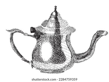 Imagen vectorial de la ilustración del contorno de la tetera. Dibujo manual de imágenes de dibujos en tetera. Icono de logotipo original simple a partir del dibujo de lápiz.