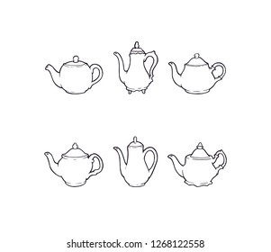 Teapot outline vector illustration old set collection. Different set ceramic teapot hand drawings. Different simple retro and vintage outline silhouette shape tea kettle set. Old kettle set.