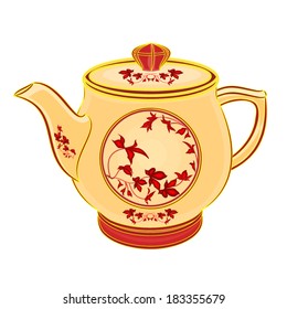 Teapot part of porcelain whit red flowers vector illustration